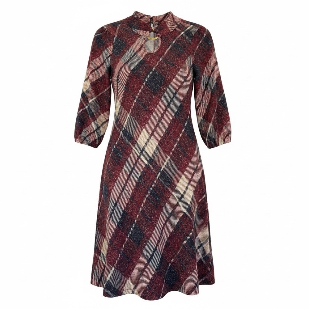 Robert Louis Flannel Shift Dress Women Size M Mauve Plaid 3/4 Sleeve  Pockets